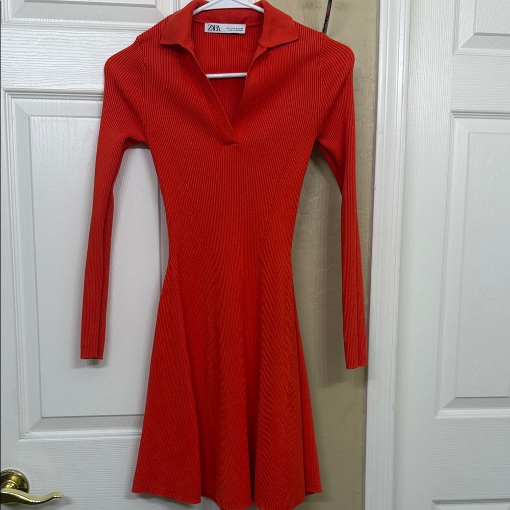 Zara Vibrant Red Long-Sleeve Knit Polo Dress size xs fit
